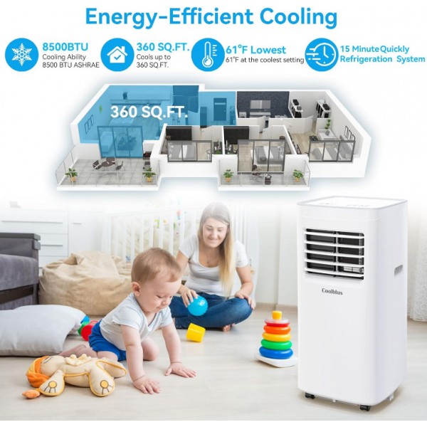 Coolblus 8500 BTU Portable Air Conditioners Cool Up to 360 Sq.Ft,3 IN 1 portable ac unit with Remote Control/LED Display/24Hrs Timer/Window Installation Kit & Screwdriver,White, 