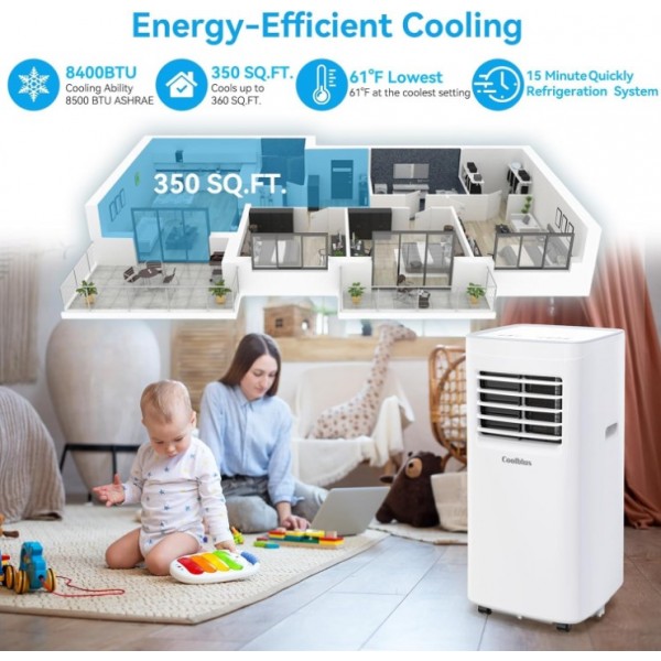 Coolblus Portable Air Conditioners, 8400 BTU air conditioner Cools Up to 350 Sq.Ft, 3 in 1 Portable AC with Remote, 24H Timer, Sleep Mode, Window Kit & Filter Brush, No Wall Required