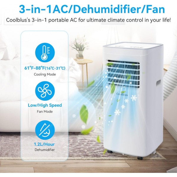 Coolblus 8500 BTU Portable Air Conditioners Cool Up to 360 Sq.Ft,3 IN 1 portable ac unit with Remote Control/LED Display/24Hrs Timer/Window Installation Kit & Screwdriver,White, 